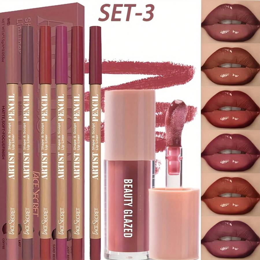 beauty glazed Juego de 7 brillos labiales hidratantes y brillantes + delineador de labios de 6 piezas, mate, resistente al agua y de larga duración, sin manchas, hidrata los labios, maquillaje diario, crea un maquillaje de labios perfecto. - Delineador de labios #rosa + B180 #104 - Ver 1