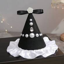 1 Set Handmade Black Elegant Birthday Hat With Pearl, Rose, Bow Lace Trim, Party Costume Photo Prop For Adults - Black - View 7