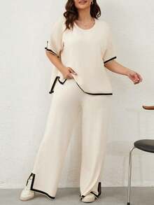Women's Plus Size 2 Piece Summer Travel Lounge Set Short Sleeve Pullover Top & Wide Leg Pants - Apricot - View 2