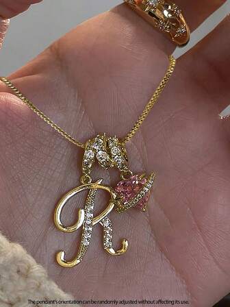 1pc Cubic Zirconia Heart-Shaped Necklace With 26 English Alphabet Design, Classic Vintage Pendant Necklace, Suitable For Daily Wear Or Gatherings, Perfect For Valentine's Day Gift