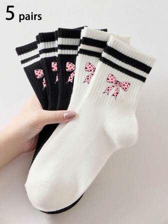 5双男女通用豹纹蝴蝶结装饰舒适透气中筒袜，用途广泛