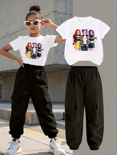 Toddler Girls' Cartoon Print Round Neck Short Sleeve Top And Cargo Pants Set