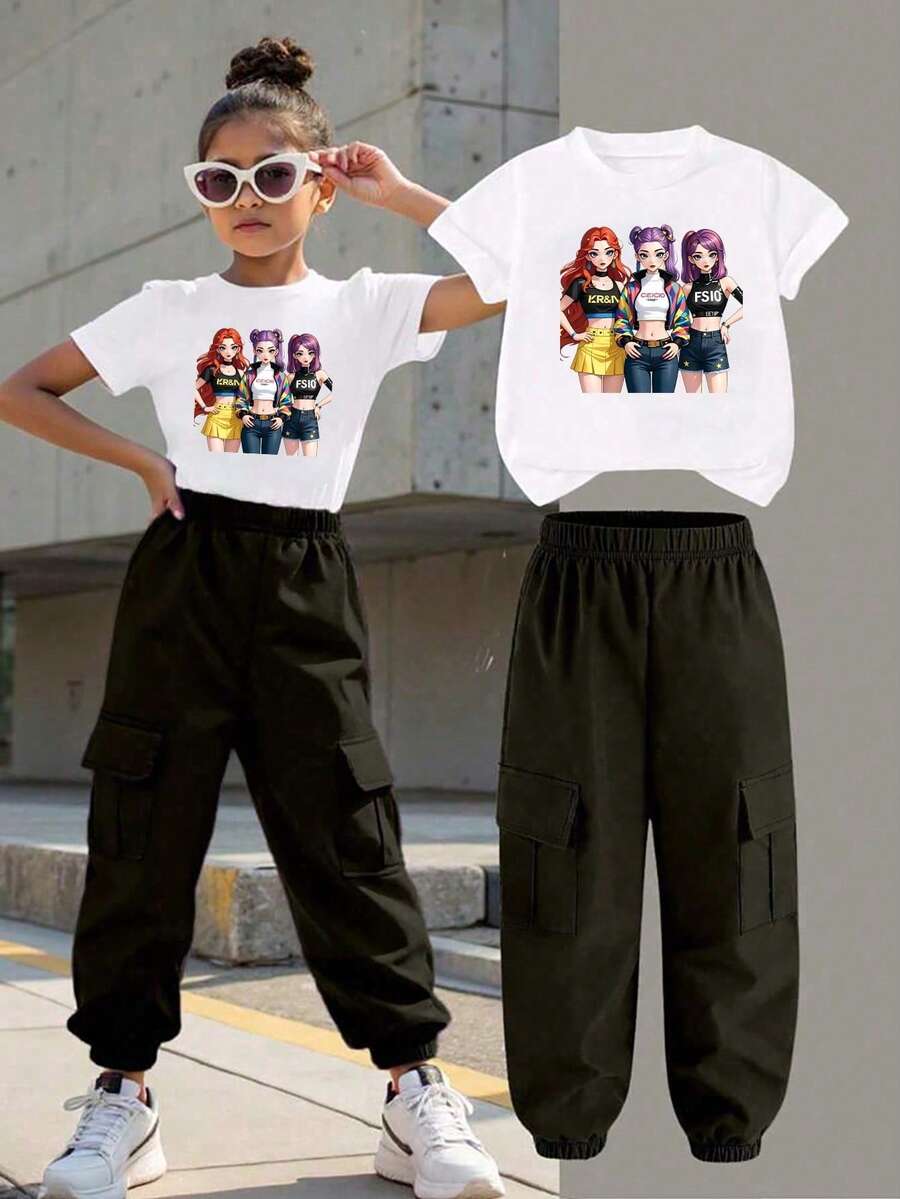 Toddler Girls' Cartoon Print Round Neck Short Sleeve Top And Cargo Pants Set - White - View 1