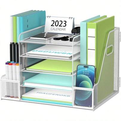 5-Tier Paper Tray Organizer With Magazine Rack, Mesh File Rack, Suitable For Desktop Storage In Homes, Offices,Back To School,School Supplies