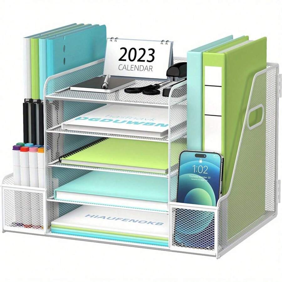 5-Tier Paper Tray Organizer With Magazine Rack, Mesh File Rack, Suitable For Desktop Storage In Homes, Offices,Back To School,School Supplies - White - View 1