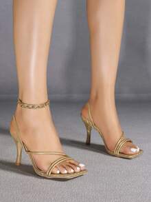 Sandale cu toc stiletto auriu pentru femei, vârf pătrat, cu toc înalt, minimaliste și confortabile pentru petreceri, pentru a crește înălțimea și lungimea piciorului