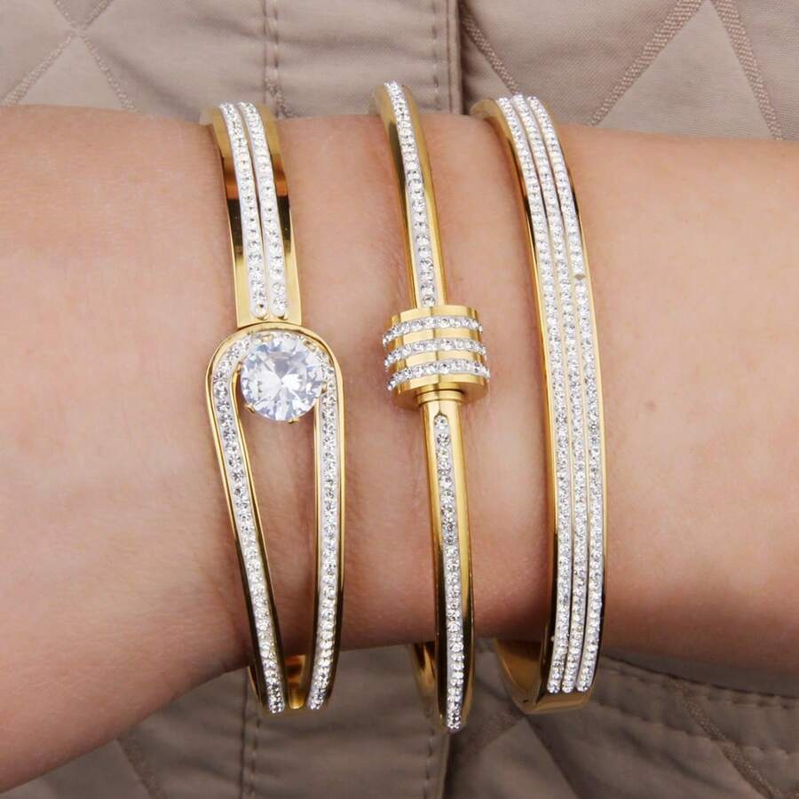 Set de 3 piezas de pulsera con cielo estrellado de circonita | Set de pulseras de lujo con brillo para mujeres | Regalo de joyería minimalista y de moda - Conjunto de gypsophila - Ver 1