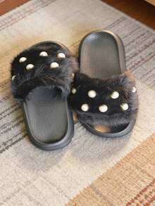 1 Pair Winter Girls Kids Fashion Slippers, EVA Ultra-Light Sole, Suitable For Toddlers & Little Kids Indoor Slippers - Black - View 5