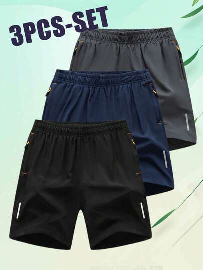 3件套男士轻便运动短裤，健身户外运动短裤，带反光条纹，抽绳腰带，适合春夏穿着