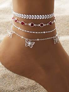 4pcs Chic And Elegant Butterfly Pendant Women's Multi-Layer Anklet, Ideal For Summer