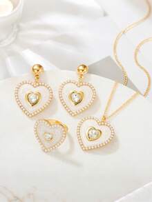 Set de 4 piezas con collar con colgante de perla incrustada con estilo de lujo ligero, anillo y aretes, adecuado para uso diario de mujeres y como regalo de Año Nuevo, regalo de cumpleaños