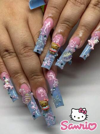  24PCS Long Square Nail False Nail Sanrio Blue Gradient Sea Shell White Flower Hello Kitty Jewelry Stereo Starfish Love Cute Chrome Alloy Acrylic Pressure On Nail Gel Nail Art Nail Set (Attached: A Piece Of Jelly Gel And File) Suitable For Women's Daily Dating Party