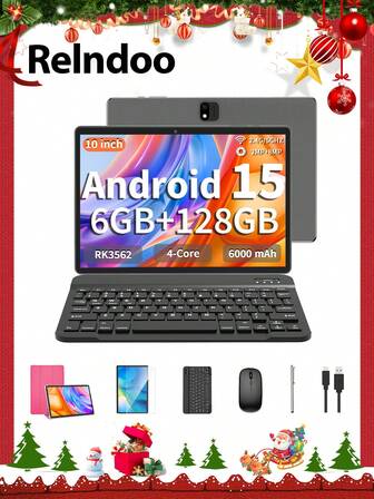 Relndoo 2025 Android Tablet With Keyboard, Android 15 Tablets, 2 In 1 Tablet, 10.1 Inch Tablet With Mouse, Leather Case, Stylus, Protective Film, Cable, RK3562 Quad-Core 2.0 GHz, (6GB+20GB) RAM+128GB ROM, 2MP+8MP Dual Camera, 1280*800px HD Touchscreen, 6000mAh Battery, Type C, Supports 1TB SD Expansion, 802.11n Wifi 2.4G/5G Wireless, GPS, Great As A Gift (No Adapter) -Pink