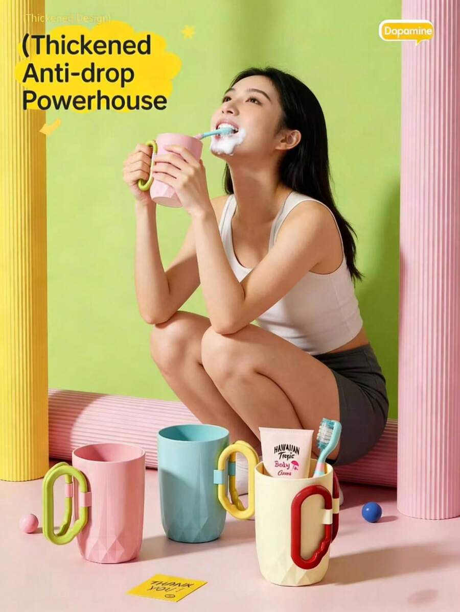 1个多巴胺色牙杯，创意手柄 - 加厚防溅浴室杯，适合成人，可爱旅行牙刷收纳盒。可爱多巴胺色牙杯 - 加厚防溅浴室杯，创意手柄，适合家庭和旅行使用，可爱牙刷收纳盒。多巴胺色牙杯套装（4款） - 加厚防溅浴室杯，创意手柄，适合成人，可爱牙刷收纳盒。 - 彩色 - 查看 1