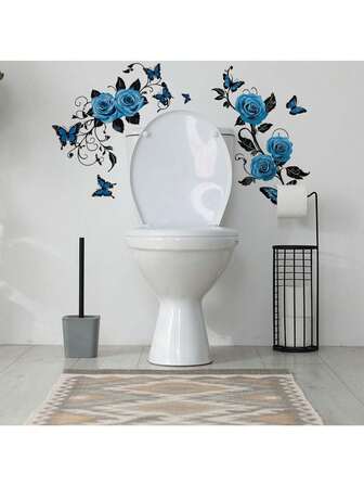 Pegatina de inodoro de rosa azul, decoración de baño con mariposas y flores, tema de jardín secreto, pegatina de pared autoadhesiva de PVC. Adecuado para decoración de baño, decoración de inodoro, decoración de pared, decoración del hogar. Pegatina de pared de rosa azul extraíble.