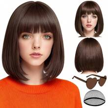 PLULON Dark Brown Short Bob Wig With Bangs For Women, Colorful Neon Short Bob Synthetic Hair Wigs With Hair Cap Heart Sunglasses For Girls Men Daily Bachelorette Halloween Costume Party SuppliesEssential Festive Atmosphere For Christmas - Black - View 8