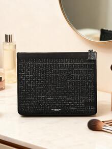 Givenchy Materiel PARFUMS Black Wristlet Pouch, Makeup Bag With All-Over Text Pattern And Silver-Tone Zipper Pull, Travel Cosmetic Case - Black - View 1