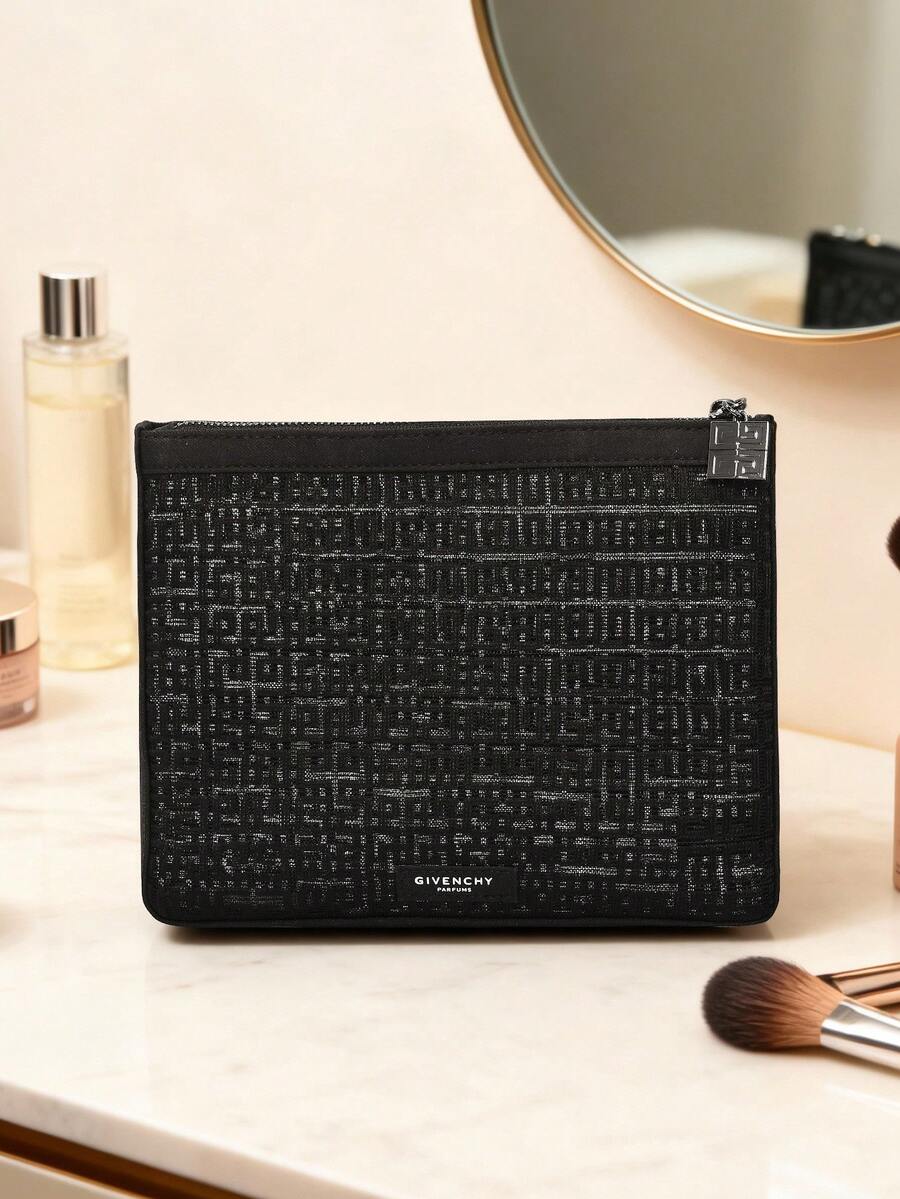 Givenchy Materiel PARFUMS Black Wristlet Pouch, Makeup Bag With All-Over Text Pattern And Silver-Tone Zipper Pull, Travel Cosmetic Case - Black - View 1