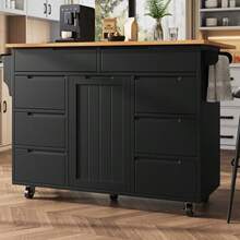 Modern Kitchen Island Table, Kitchen Cabinet, Sliding Kitchen Cart With Casters And Countertop, Serving Cart With Spice Rack And 8 Drawers - Black - View 9