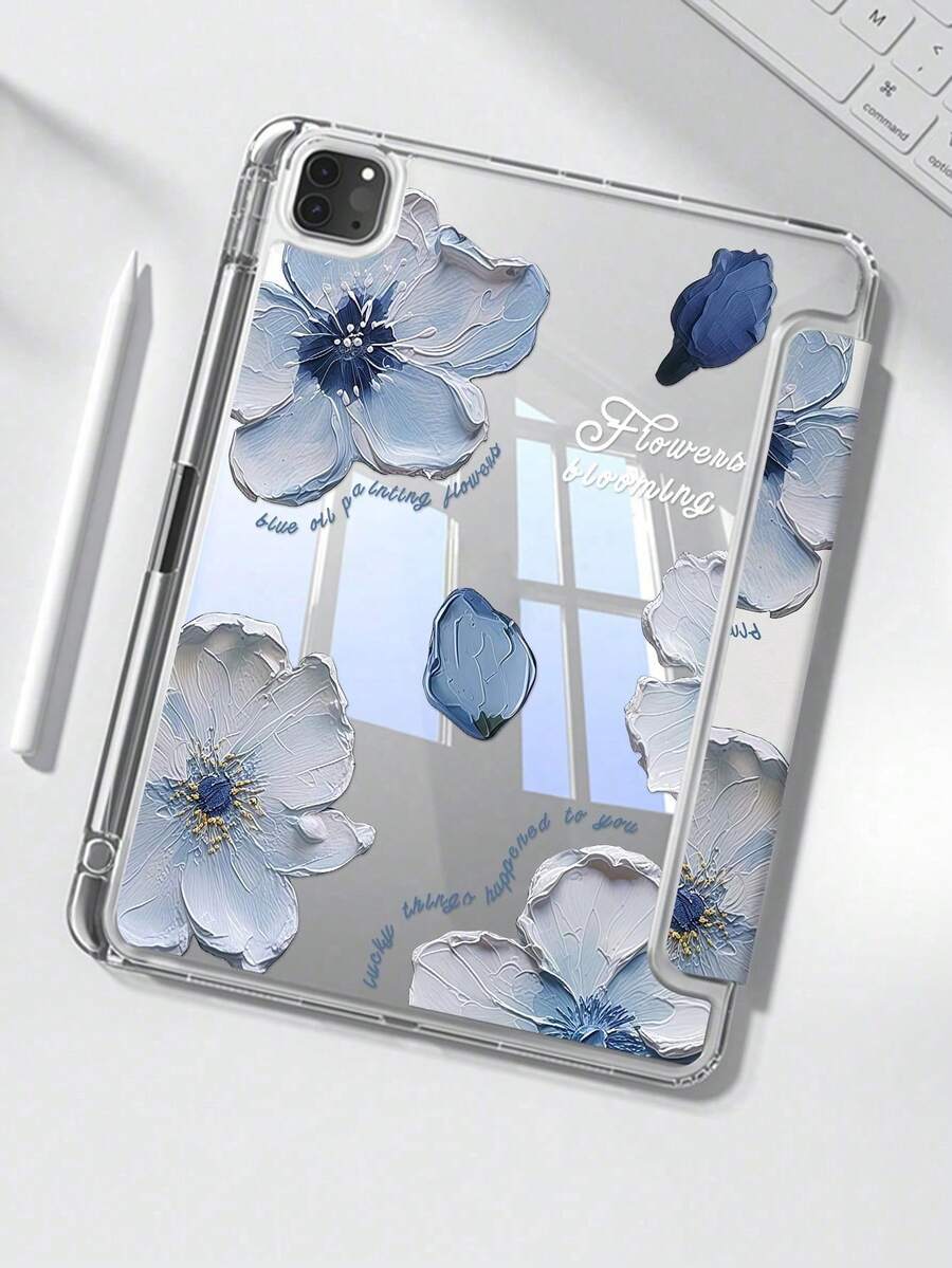 Elegant & Cute Cartoon Oil Painting Blue Letter Flower Double-Sided Colorful Acrylic Transparent Crystal Back Cover, Shock-Resistant And Durable, Suitable For IPad 7th, 8th And 10th Generation (10.2 Inch). It Has A Built-In Pen Slot, Supports Sleep/Wake Function And Multiple Folding Stand Modes. An Ideal Gift For New Year 2026 And Christmas.