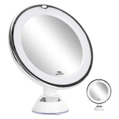 10X Magnifying Makeup Mirror With Natural Lighting, 360° Rotating, Suction Cup, 3-Color LED Lighting, Foldable Portable With Tray
