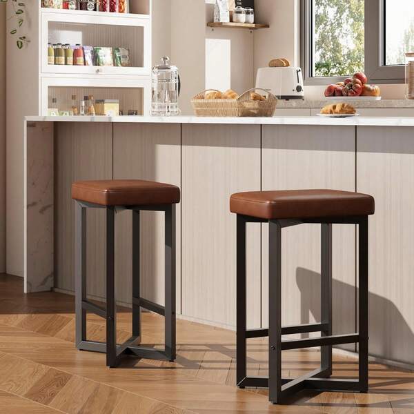 Dragonpad 24Inch Tall Bar Stools Set Of 2 Or 4, Counter Height Backless Barstools With Footrest And Metal X-Frame, Upholstered PU Leather Seats, Modern Kitchen Stools For Island, Home Bar, Dining Room ﻿