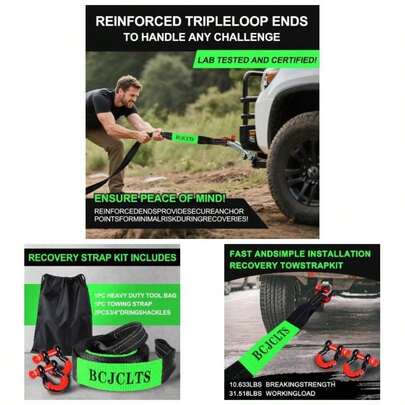 Recovery Tow Strap Heavy Duty 2 Inchx 20Ft - 36000 LBS Break Strength, 5/8 D Ring Shackles 2pcs Emergency Recovery Strap Tow Rope Truck, SUV, ATV Offroad Vehicle