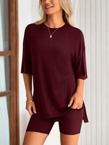 Women's Summer Clothes 2 Piece Sets Lounge Set Casual Oversized Shirts Biker Shorts Matching Airport Travel Sweatsuit Set Women Vacation Outfit Wine Red Summer Brunch Outfits For Women - 酒紅色 - 查看 6