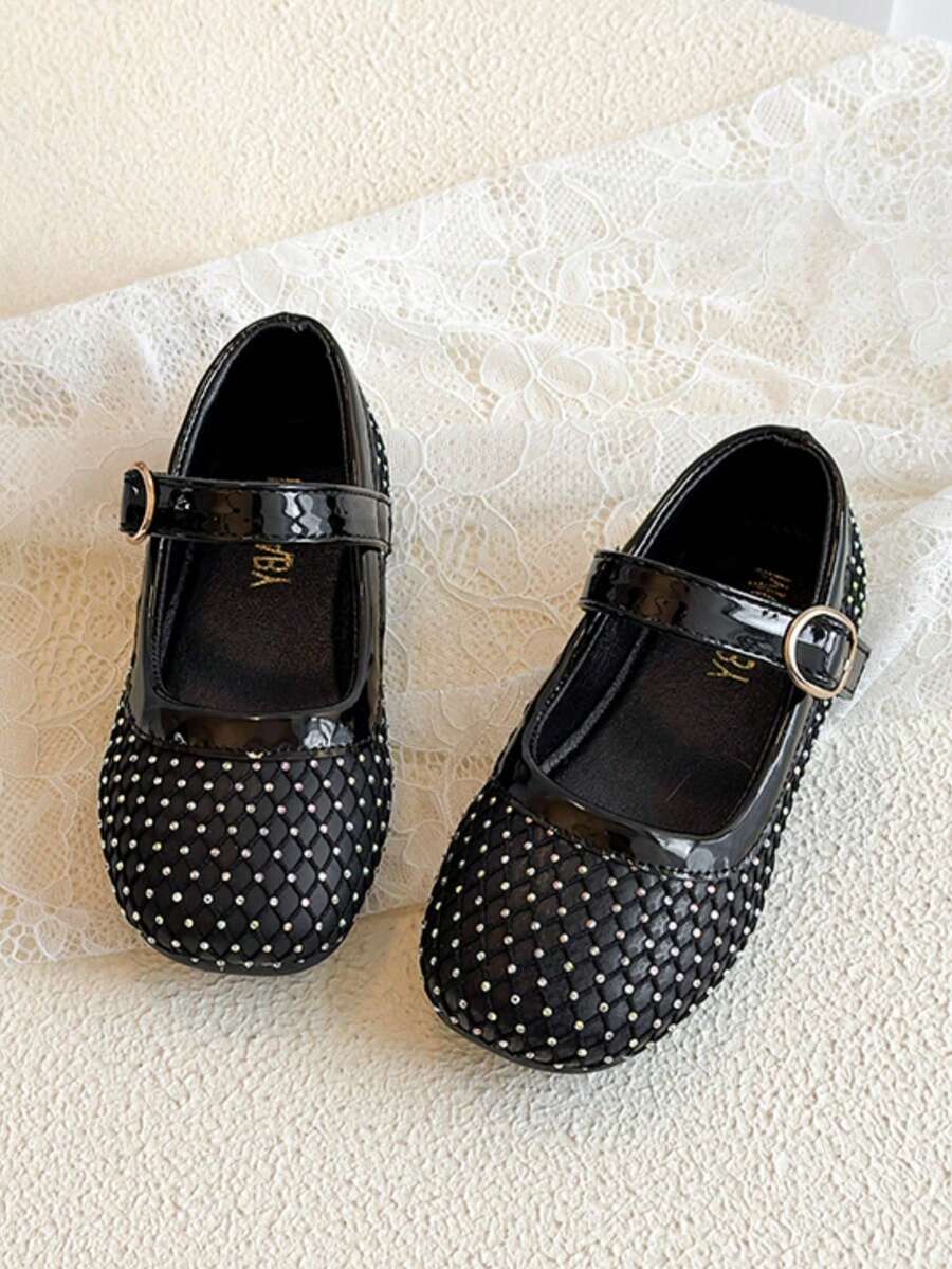 Spring & Autumn New Kids Shoes, Girls Rhinestone Leather Shoes, Magic Tape Flat Shoes, Non-Slip Toddler Loafers, Infant & Little Kids Low-Top Shoes, Baby Student Shoes - Black - View 1