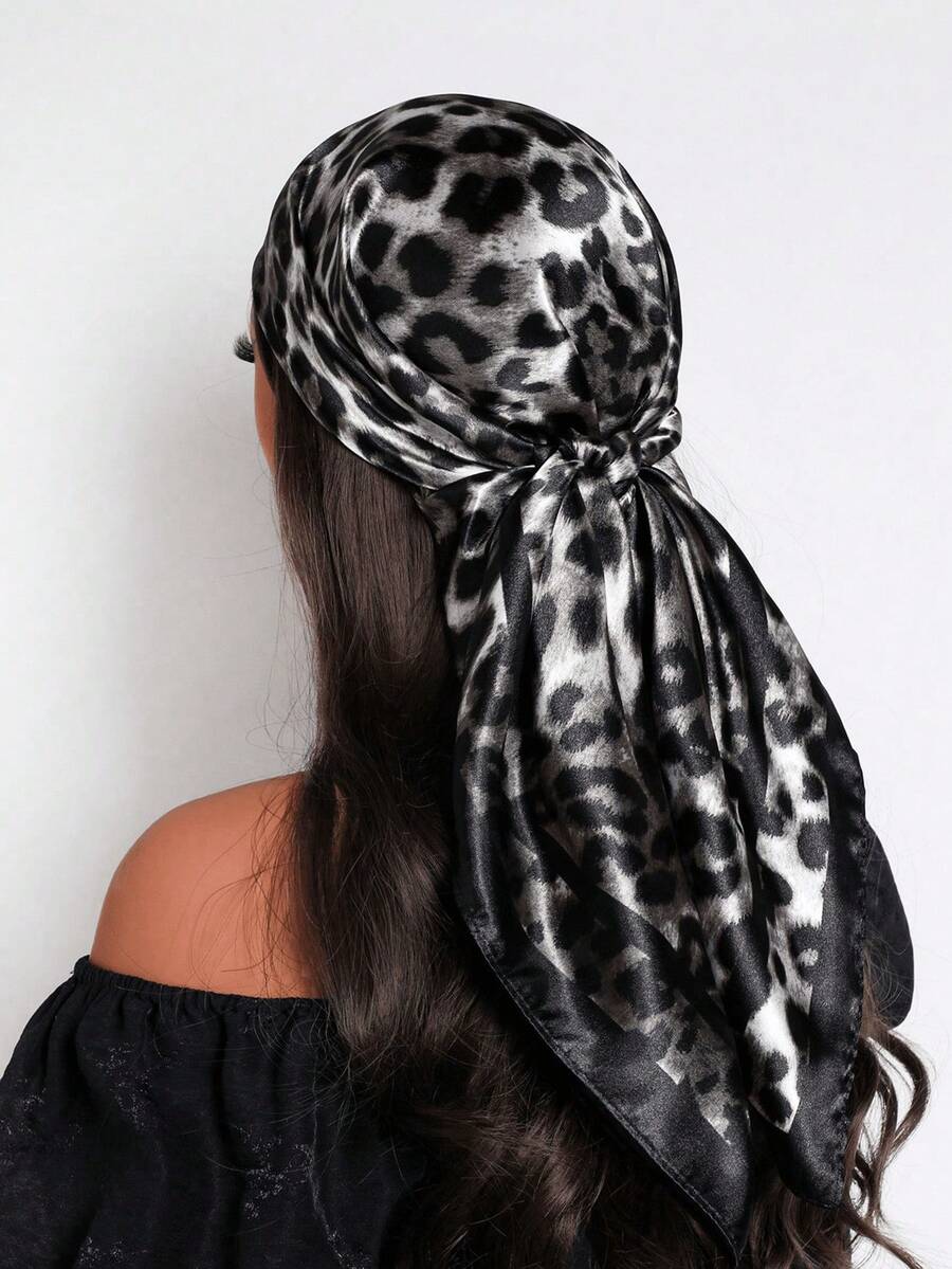 1pc Women's 90cm Satin Square Scarf With Elegant Fashionable Leopard Print Pattern, Suitable For Casual Wear, Street Style Accessory As Scarf, Headband, Headwrap, Versatile Styling - 黑色 - 查看 1