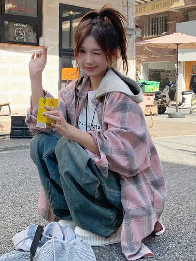 Plaid Random Striped Contrast Color Button Front Pocket Casual Travel Spring Autumn Women Hooded Long Sleeve Shirt