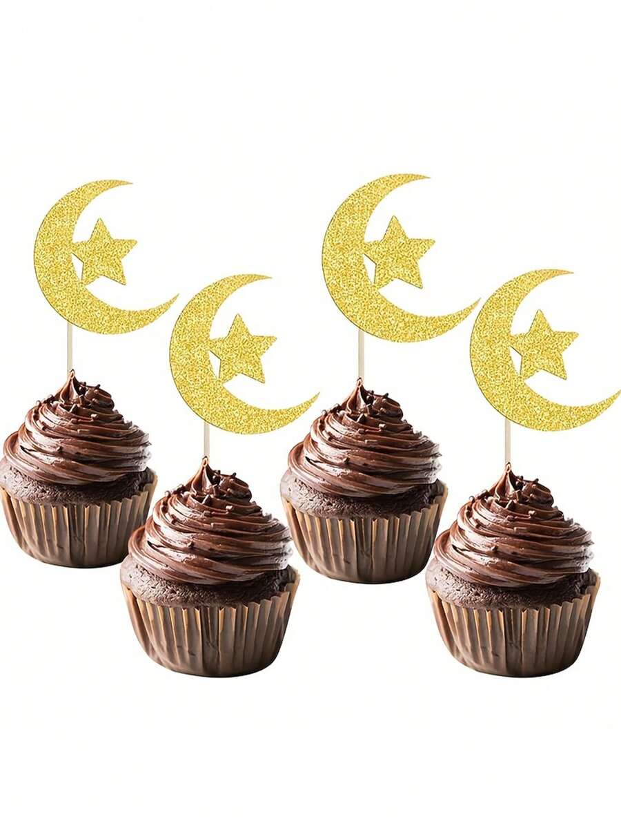10/20/30pcs Gold Crescent Moon Cupcake Toppers - Eid Mubarak Decorations - Gold Glitter Eid Party Cake Decorations