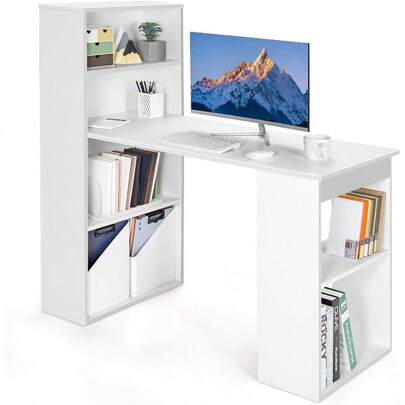 Reversible Computer Desk With Bookshelf Writing Study Workstation W/Storage Shelves And CPU Stand Modern Computer Table W/Large Desktop For Home And Office Space-Saving Design White