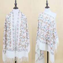 1pc Women's Autumn/Winter Faux Cashmere Embroidered Scarf, Thick Warm Tasseled Embroidered Bohemian Style Travel Shawl Poncho - White - View 4