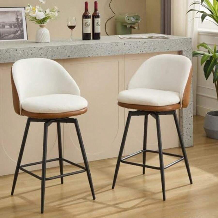 GarveeHome - Juego de 2 taburetes de Bar con Altura de mostrador, taburetes giratorios de 26 Pulgadas con Parte Trasera y Patas de Metal para mostrador de Cocina, taburetes tapizados Modernos, sillas(Marrón+ beige) - Multicolor - Ver 1