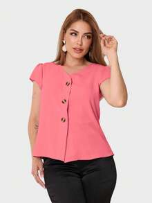 Women's Short-Sleeved Blouse/Shirt In Duna Fabric With Buttons, New 2025, European And American Style. - Watermelon Pink - View 1