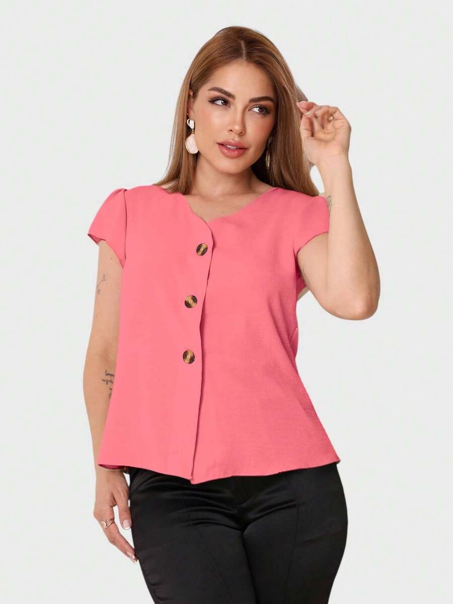 Women's Short-Sleeved Blouse/Shirt In Duna Fabric With Buttons, New 2025, European And American Style. - Watermelon Pink - View 1