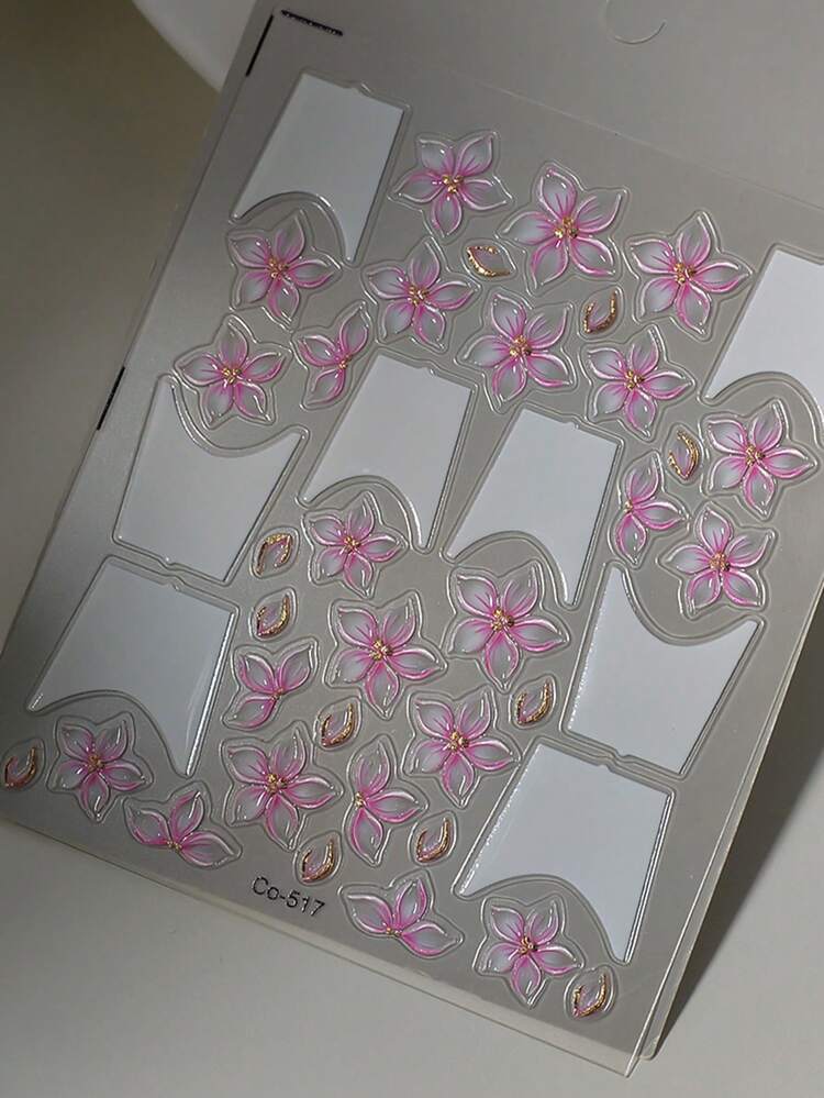 Wedding Nails Pink White Blooming Hibiscus Floral 5D Embossed Nail Art Stickers, Shiny Golden Star Lace Line Flower French Tips Nail Decals Self-Adhesive Soft Engraved Sliders DIY Nail Supplies Nail Charms Decorations - Baby Pink - View 9