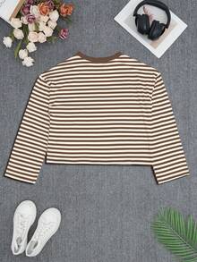 Áo thun tay dài kẻ sọc Colorblock dáng rộng dành cho nữ, áo nhiều lớp đơn giản, dễ mặc - màu nâu - Xem 3