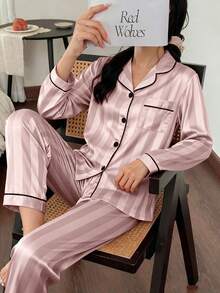 2PCS Teen Girl Satin Pajama Sets Pj Set Cute Bear Print Long Sleeve Button Down Shirt With Long Pants