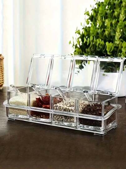 9pcs/1set With Lid Spoon Seasoning Rack - Transparent Flavor Dishes, Spice Containers, Lead-Free Plastic, Kitchen Salt, Sugar And Spice Storage Cans Seasoning Boxes, Kitchen Seasoning Boxes, Multi Grid Seasoning Boxes, Transparent Seasoning Storage Boxes