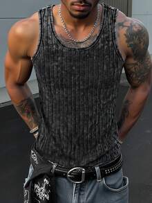 Men's Casual Washed Black Tank Top, Sporty Style, Suitable For Daily Wear, Vintage Fabric Texture, Great Gift For Boyfriend - Black - View 1