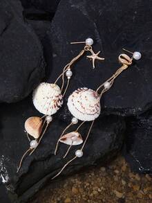 Opalesca 1 Pair Romantic Sea Style Shell & Decor Tassel Earring Elegant Faux Pearl Earstud Charm Women Jewelry, Suitable For Daily Wear, Date, Beach Vacation. The Shell Shape And Pattern Are Randomly Arranged, Made Of Natural Seashell Material. - Multicolor - View 3