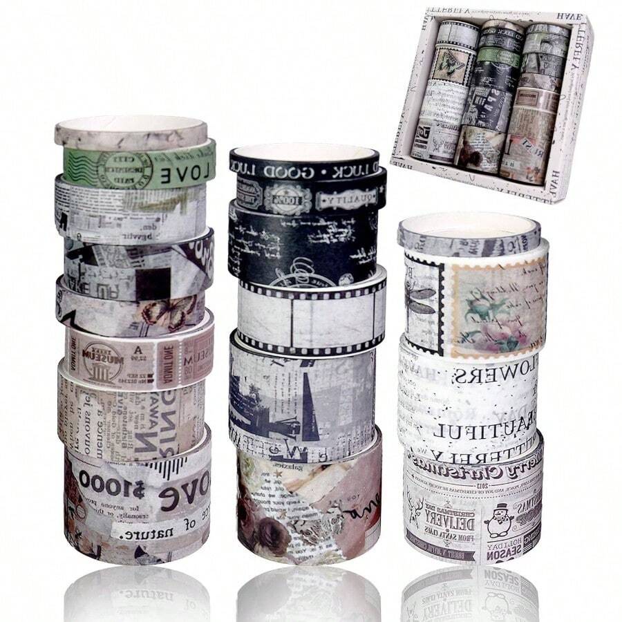 Washi Tape Set, 18 Rolls Washi Stickers, Assorted Sizes, Junk Journal Scrapbook Tape, Bullet Journaling Scrapbooking Supplies, Planner Sticker DCor Floral - Newspaper - View 1