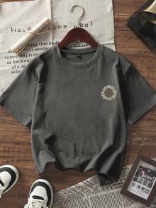 夏季新款简约时尚向日葵十字生命字母印花休闲圆领灰色短袖T恤，时尚百搭女式上衣 - 深灰色 - 查看 7