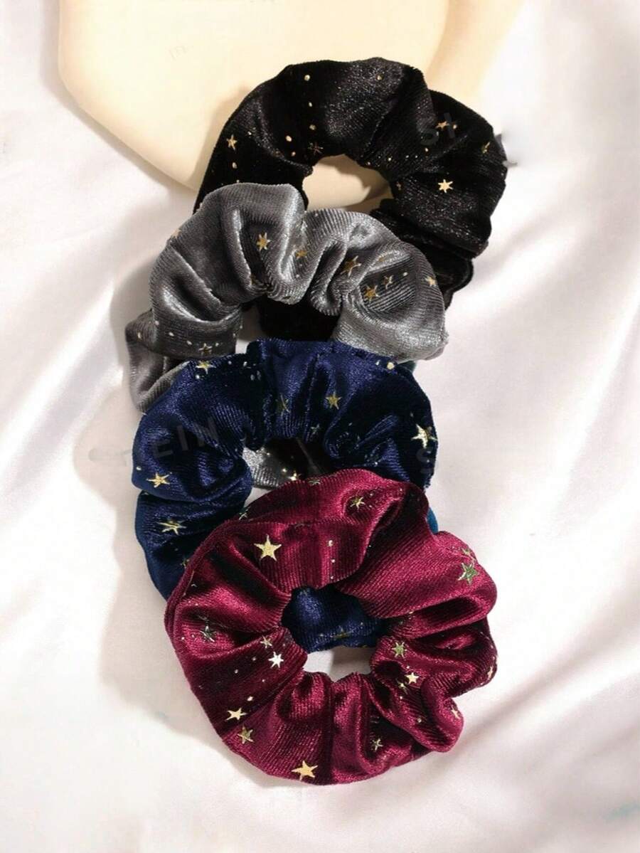 Velvet Gold Star Hair Scrunchies, Flocked Gold Star Velvet Scrunchies, Autumn/Winter, Large Coil Hair Ties, Hair Accessories For Women ,Scrunchy Hair Ties