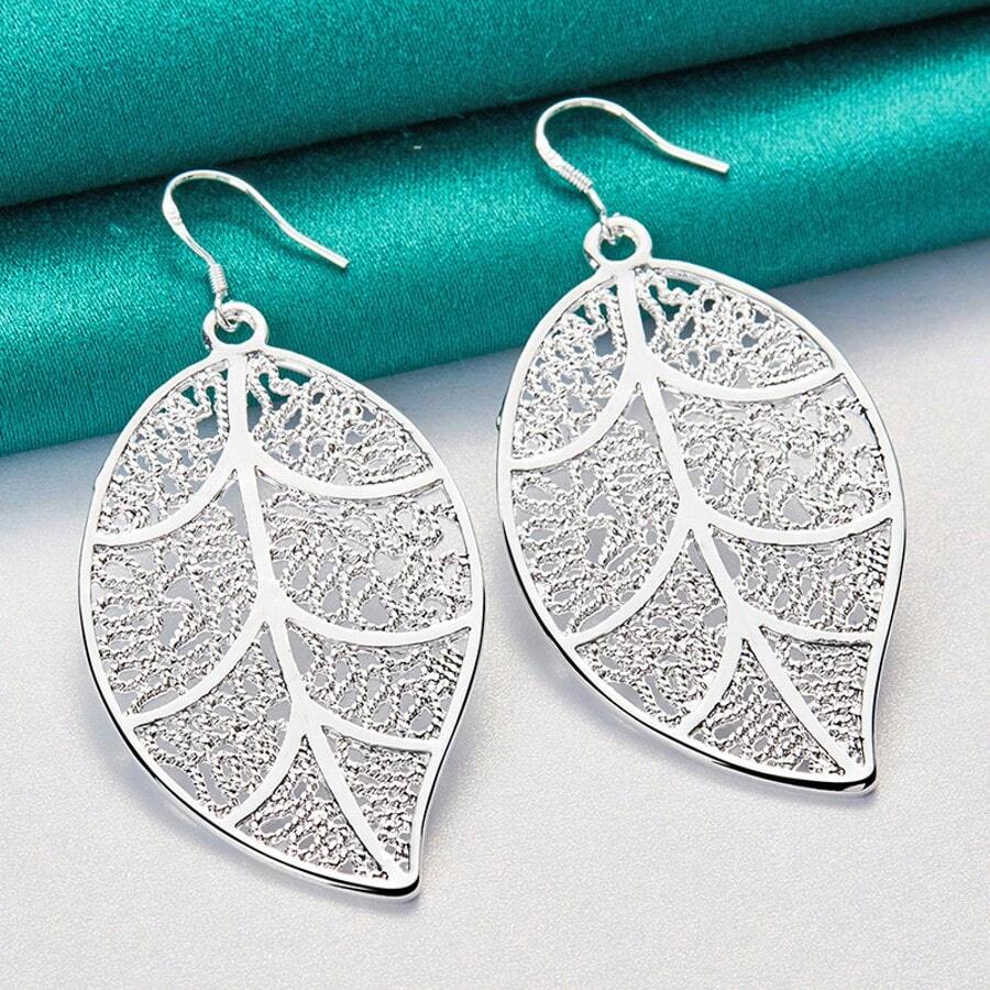 925 Sterling Silver Plated Hollow Leaf Dangle Earrings, Fashionable & Charming Jewelry For Women Wedding & Engagement - Silver - View 1