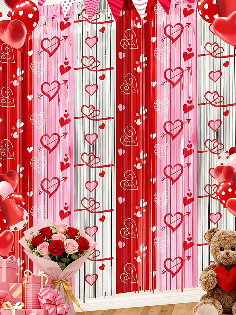 2片箔片流苏帘，闪亮金属线背景心形图案，适合装饰生日、婚礼、派对、70年代、80年代、90年代迪斯科主题、单身派对和彩虹主题派对，可用作悬挂装饰、情人节装饰、拍照背景，是拍摄精美照片的理想之选（红色） - 彩色 - 查看 1