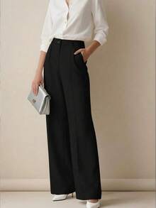 Women's Fashionable High-Waisted Straight Leg Wide-Leg Minimalist Casual Office Pants - Black - View 2