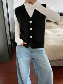 Women's Casual Solid Color V-Neck Long Sleeve Button-Up Knit Vest, Suitable For Spring And Autumn Outfits - Black - View 6